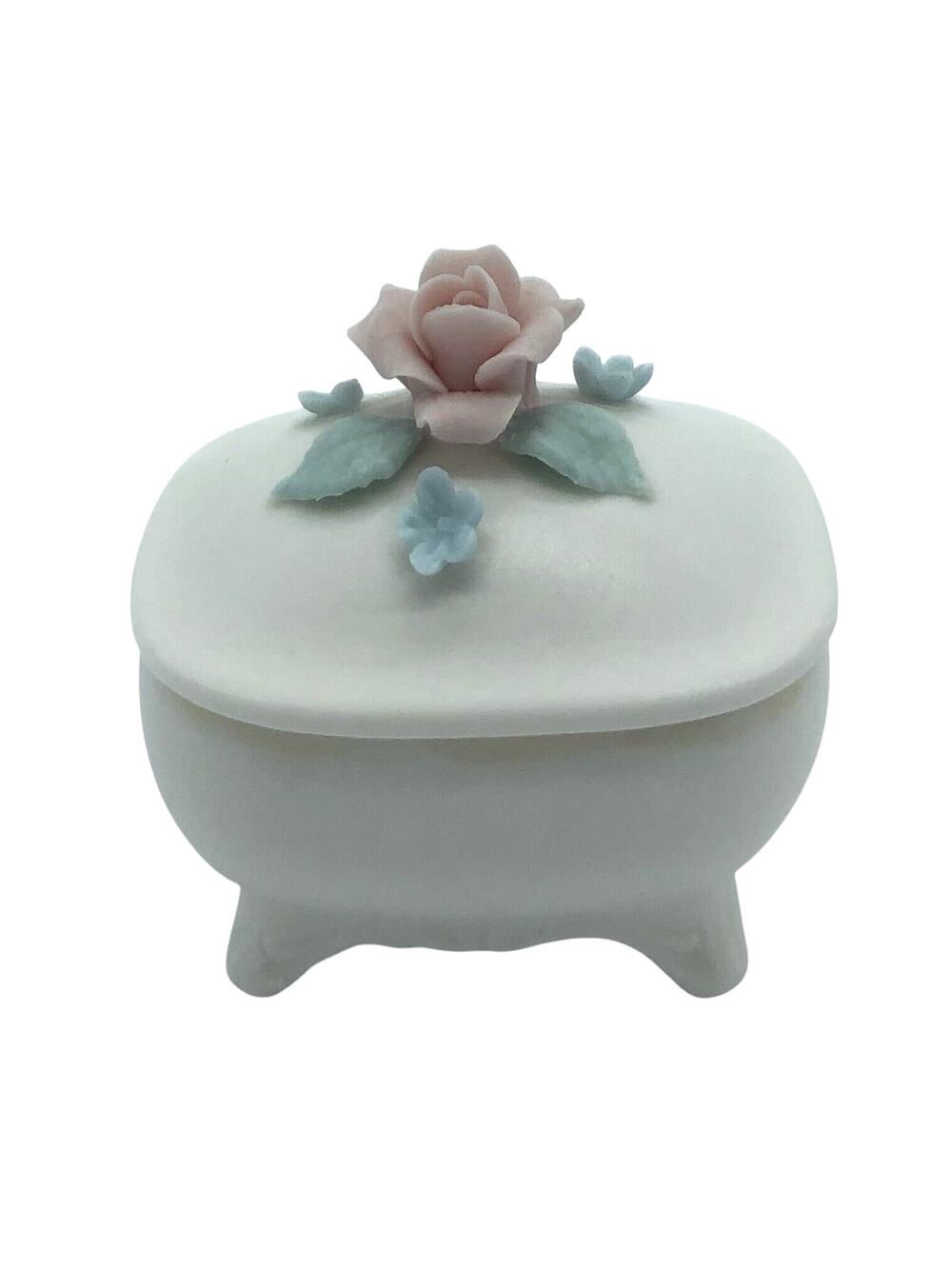 Vintage White Miniature Footed Porcelain Ring Trinket Box with Rose and Leaves